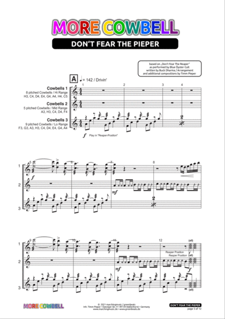 DON´T FEAR THE PIEPER / MORE COWBELL (Don´t Fear The Reaper) School and Community scores gallery preview page 5