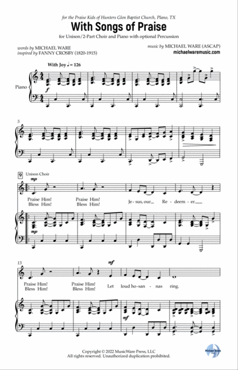 With Songs of Praise (Children's Choir with Percussion) 2-Part scores gallery preview page 2