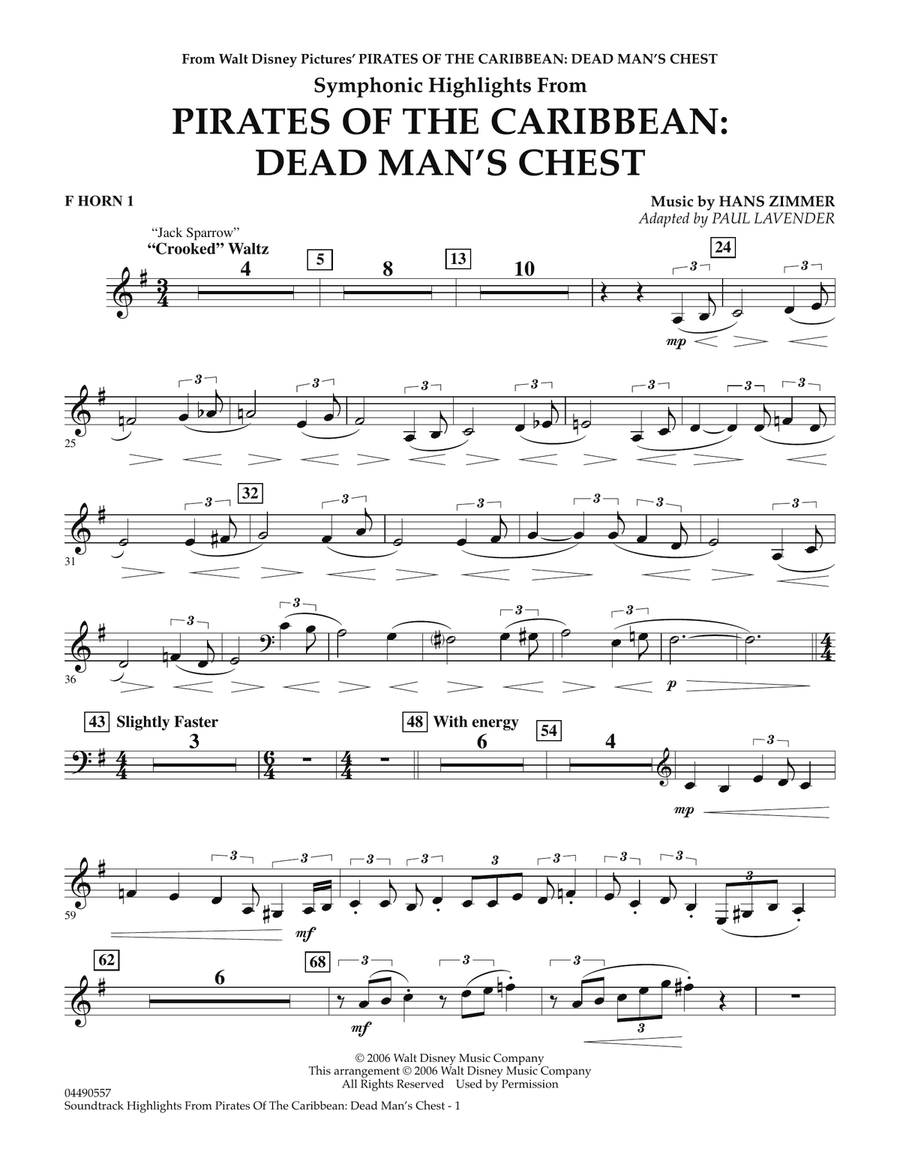 Soundtrack Highlights from Pirates Of The Caribbean: Dead Man's Chest - F Horn 1 Full Orchestra scores gallery preview page 1
