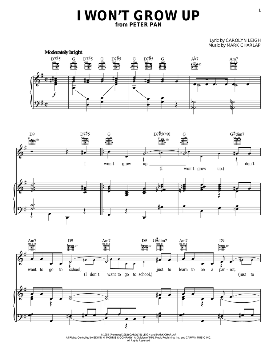I Won't Grow Up Piano, Vocal, Guitar scores gallery preview page 1
