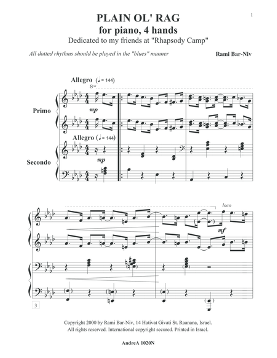 Plain Ol' Rag Duet Piano scores gallery preview page 1