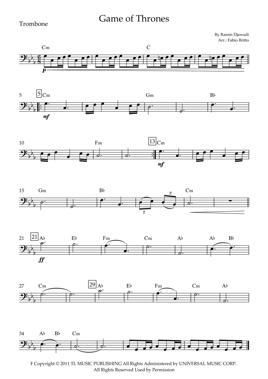 Game Of Thrones Game Of Thrones Trombone Solo scores gallery preview page 1