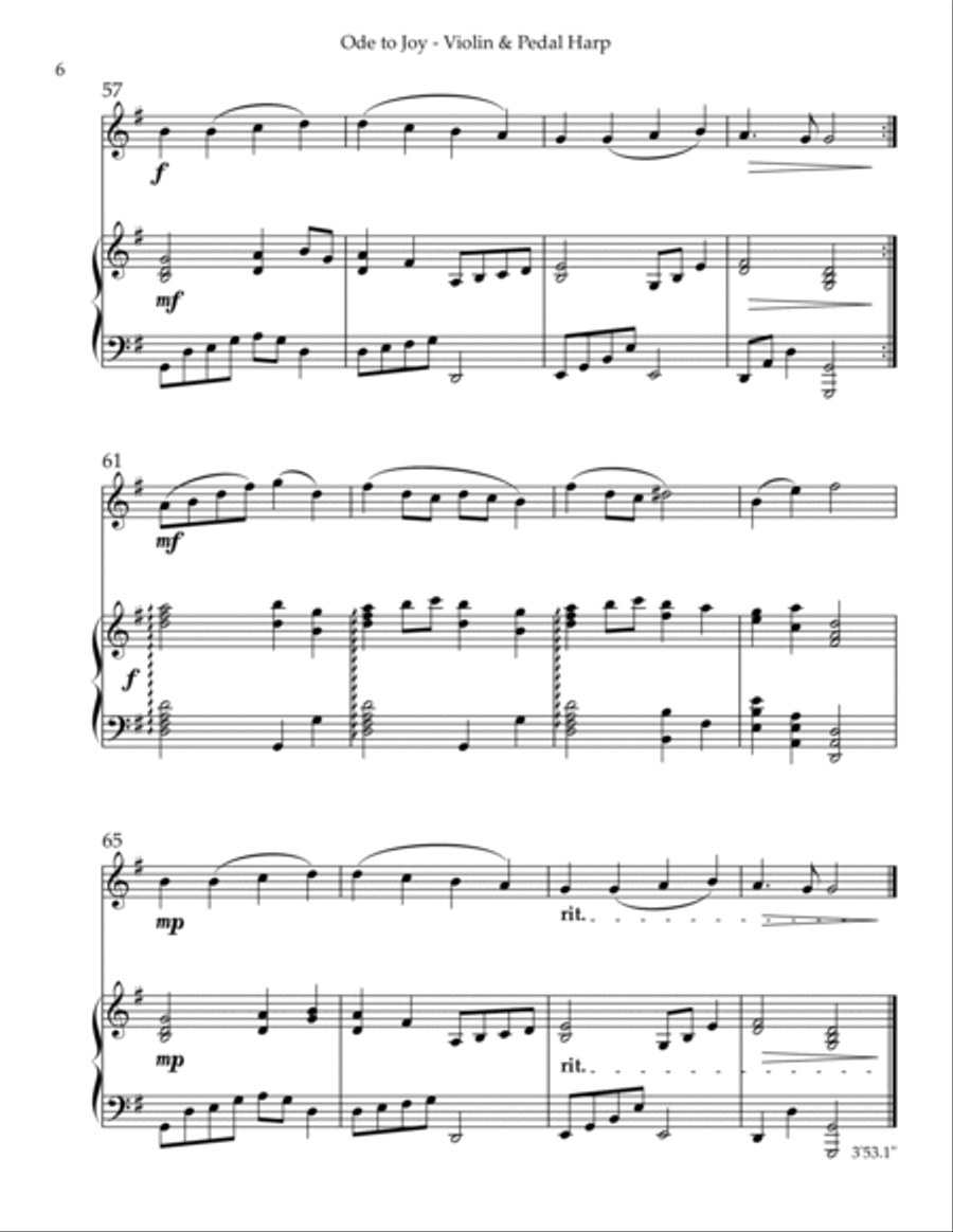 Ode to Joy, Duet for Violin & Pedal Harp String Duet scores gallery preview page 6