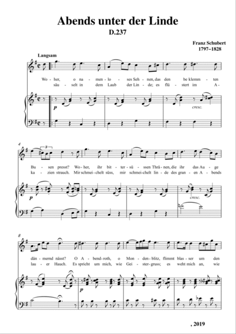 Schubert-Abends unter der Linde,D.237 in G for Vocal and Piano Voice scores gallery preview page 2