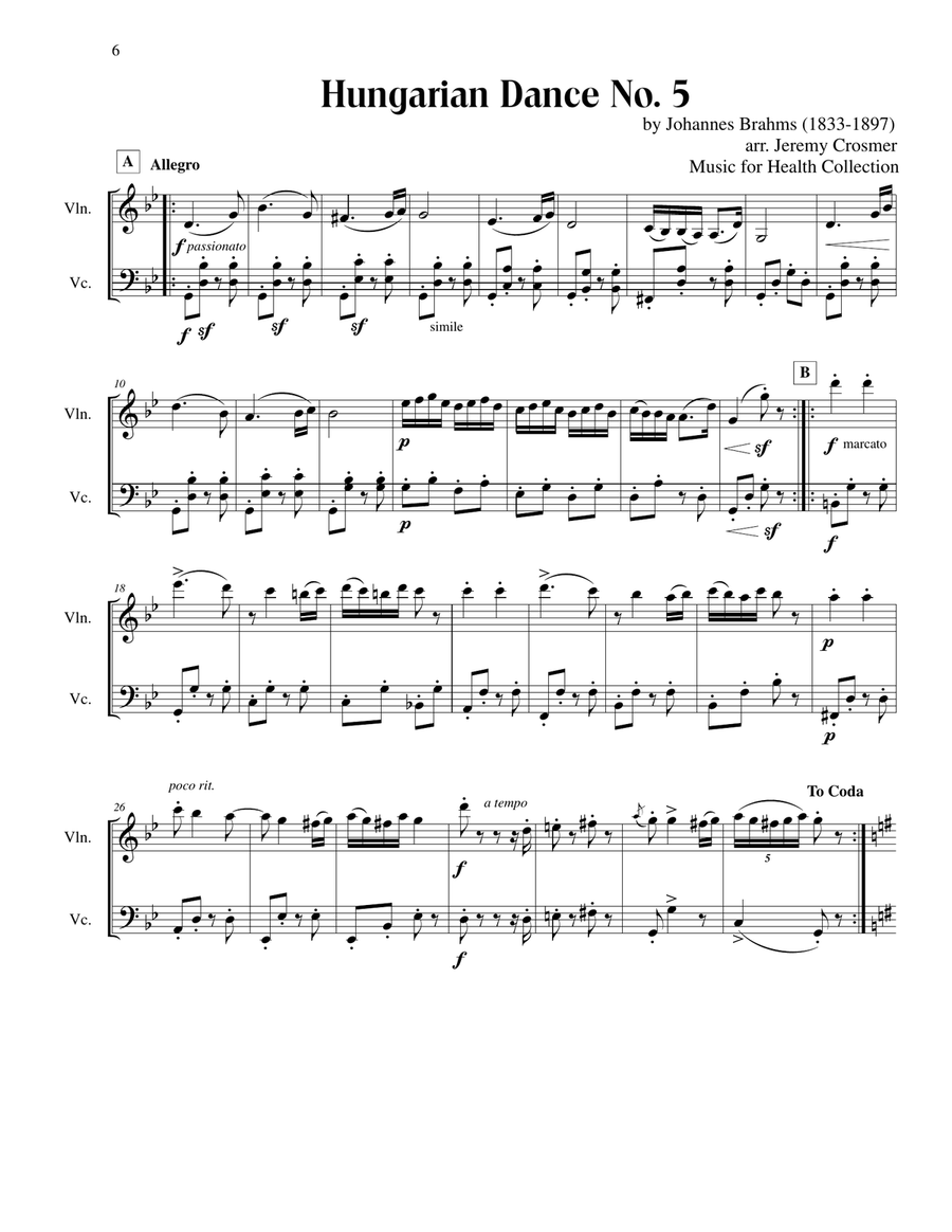 Brahms: Hungarian Dances No. 1, 2 and 5 - Music for Health Duet Violin/Cello String Duet scores gallery preview page 6