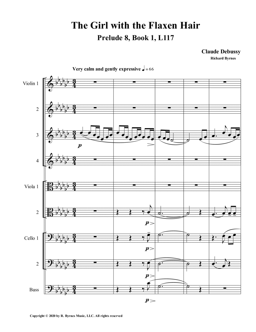 The Girl with the Flaxen Hair, Prelude 8, Book 1 by Claude Debussy (String Orchestra) String Orchestra scores gallery preview page 1