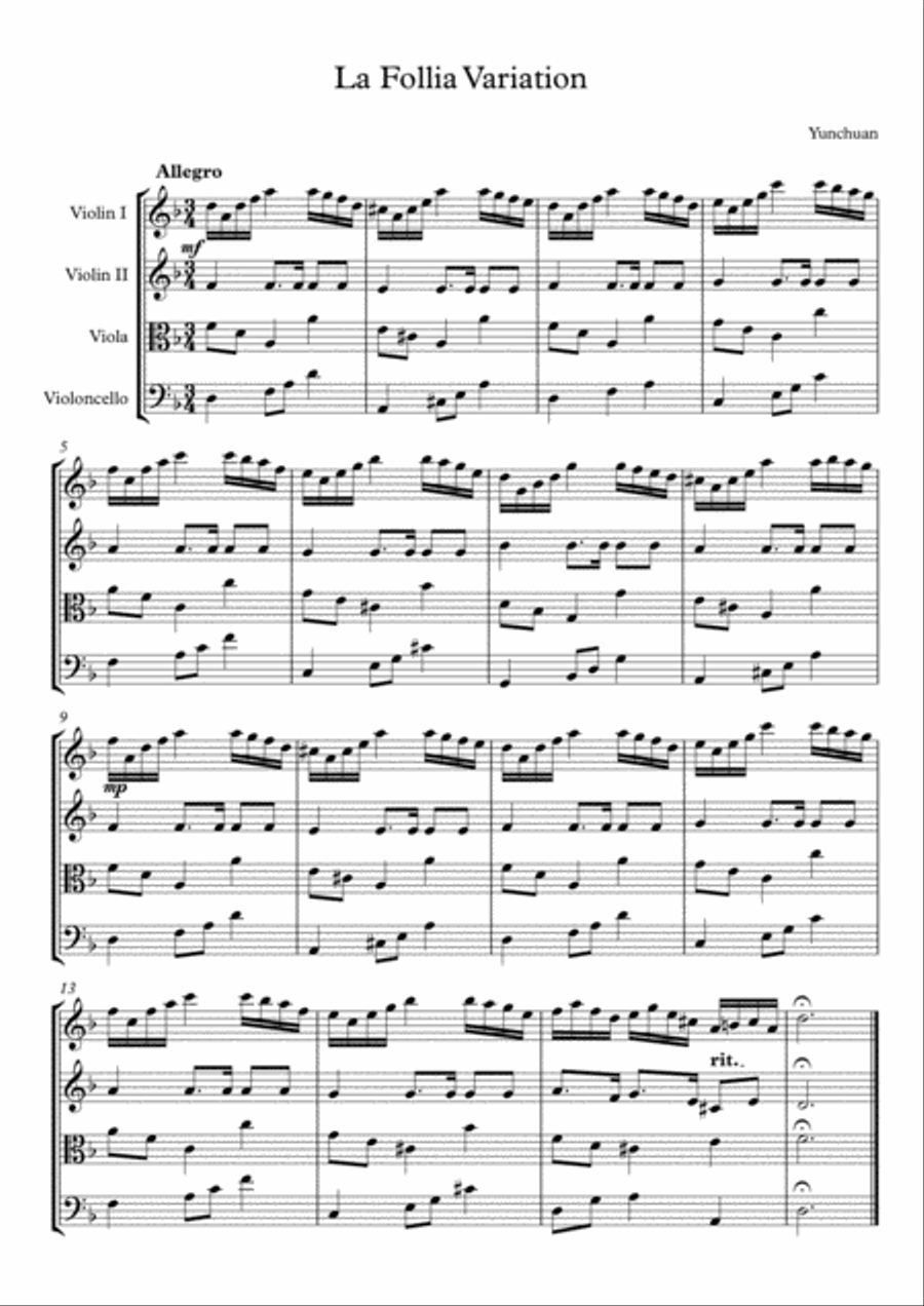 La Follia Variation String Quartet scores gallery preview page 1