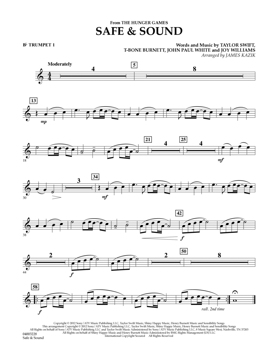 Safe & Sound (from The Hunger Games) - Bb Trumpet 1 Concert Band scores gallery preview page 1
