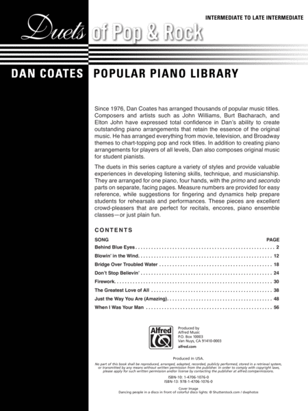 Dan Coates Popular Piano Library -- Duets of Pop & Rock