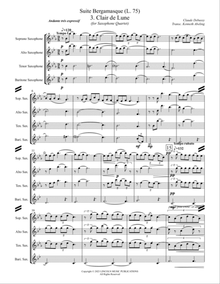 Clair de Lune (for Saxophone Quartet SATB) Saxophone Quartet scores gallery preview page 2
