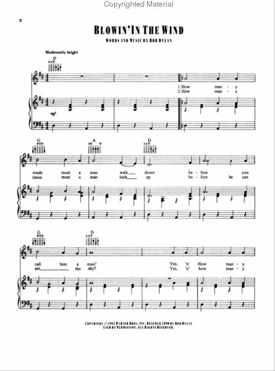 Blowin' in the Wind Piano, Vocal, Guitar scores gallery preview page 2