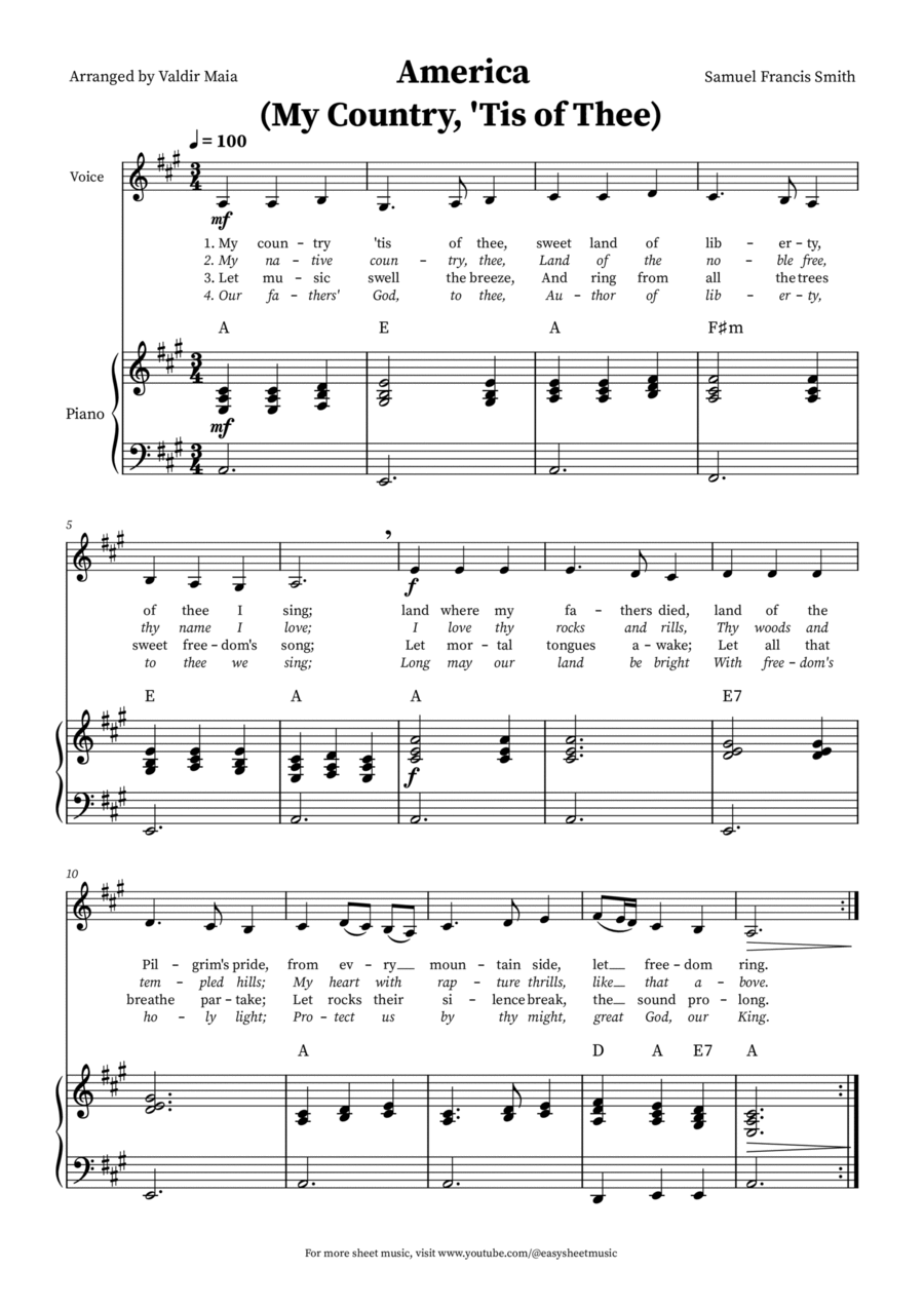 America (My Country, 'Tis of Thee) - Voice and Piano in A (+CHORDS) Voice Solo scores gallery preview page 1