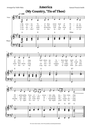 America (My Country, 'Tis of Thee) - Voice and Piano in A (+CHORDS)