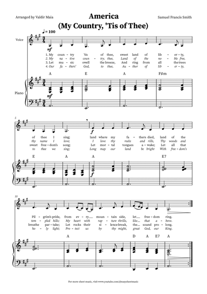 America (My Country, 'Tis of Thee) - Voice and Piano in A (+CHORDS) image number null