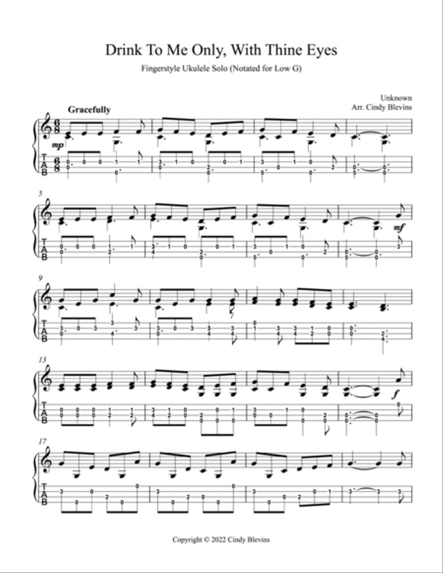 Drink To Me Only With Thine Eyes, Ukulele Solo, Fingerstyle, Low G Ukulele scores gallery preview page 2