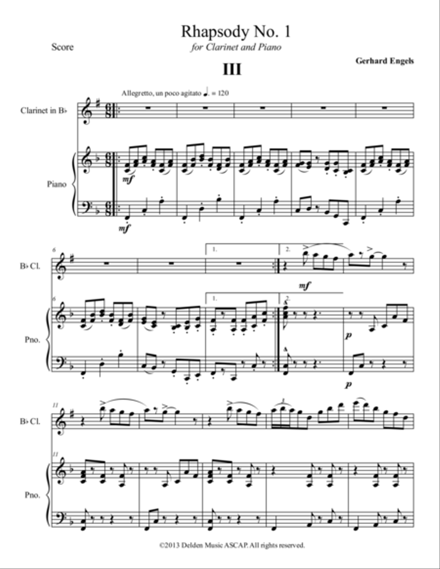 Rhapsody for Clarinet and Piano No.1 Mvt. III Clarinet Solo scores gallery preview page 1