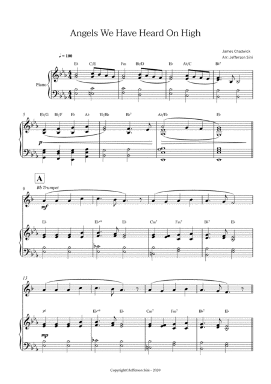 Angels We Have Heard On High (For Bb trumpet, piano and chords) Small Ensemble scores gallery preview page 2