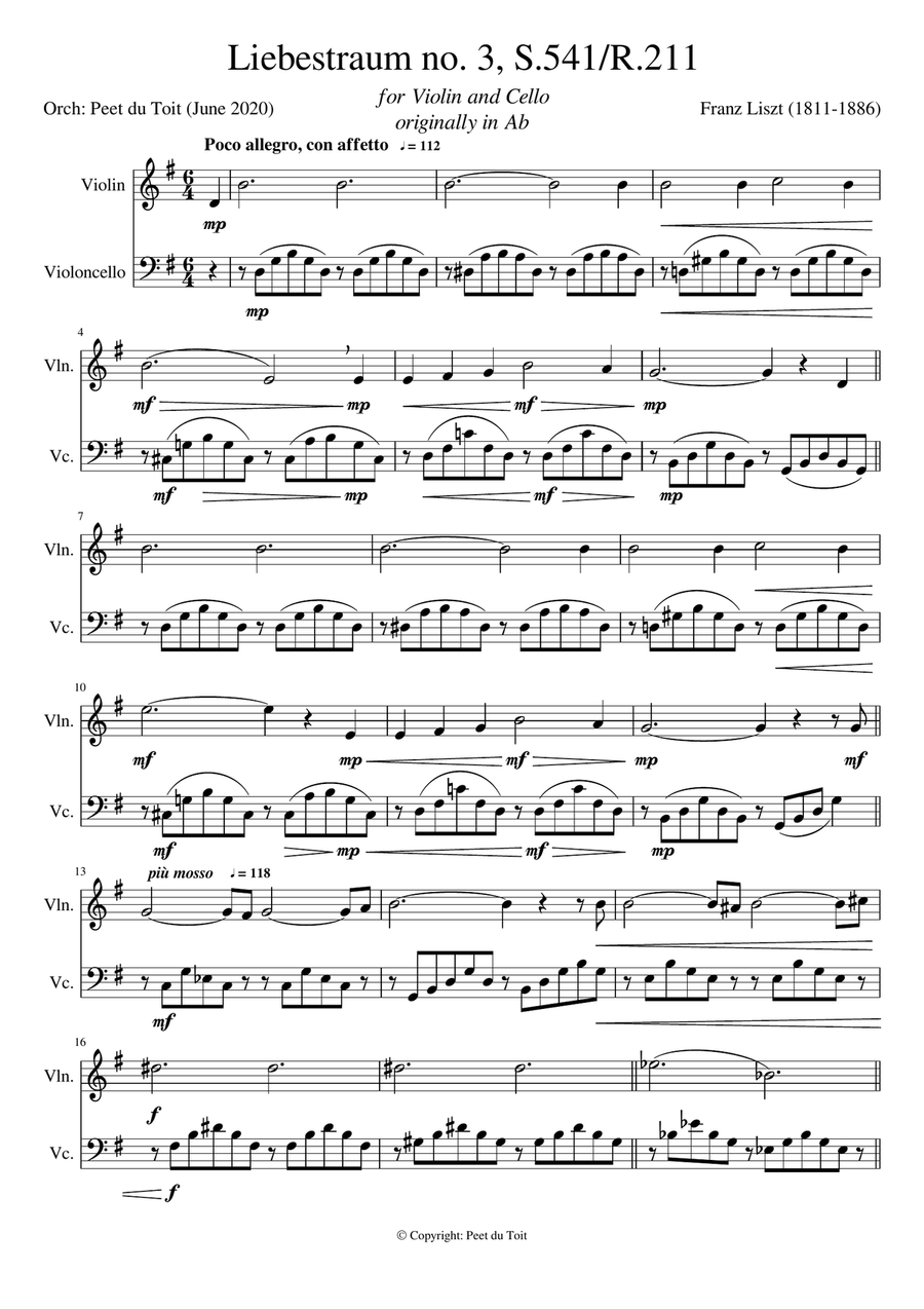 Liebestraum no. 3, S.541 R.211 - F Liszt (Violin & Cello) excerpt String Duet scores gallery preview page 1