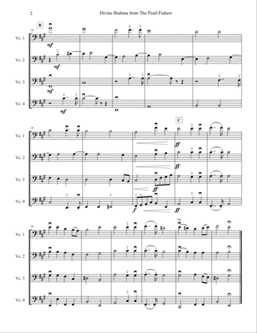 Divine Brahma, from Bizet's opera The Pearl Fishers, arranged for intermediate cello quartet Cello scores gallery preview page 2