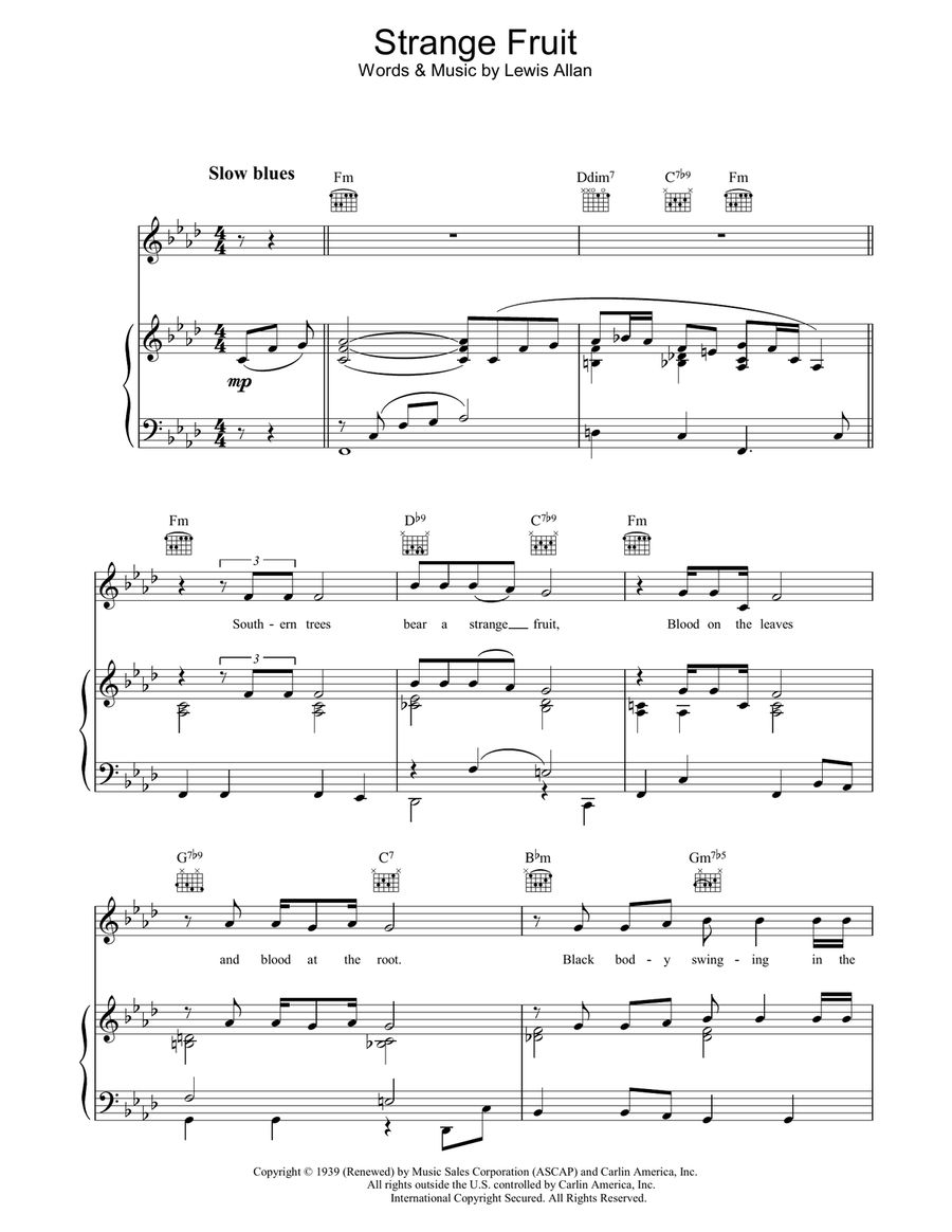 Strange Fruit Strange Fruit Piano, Vocal, Guitar scores gallery preview page 1