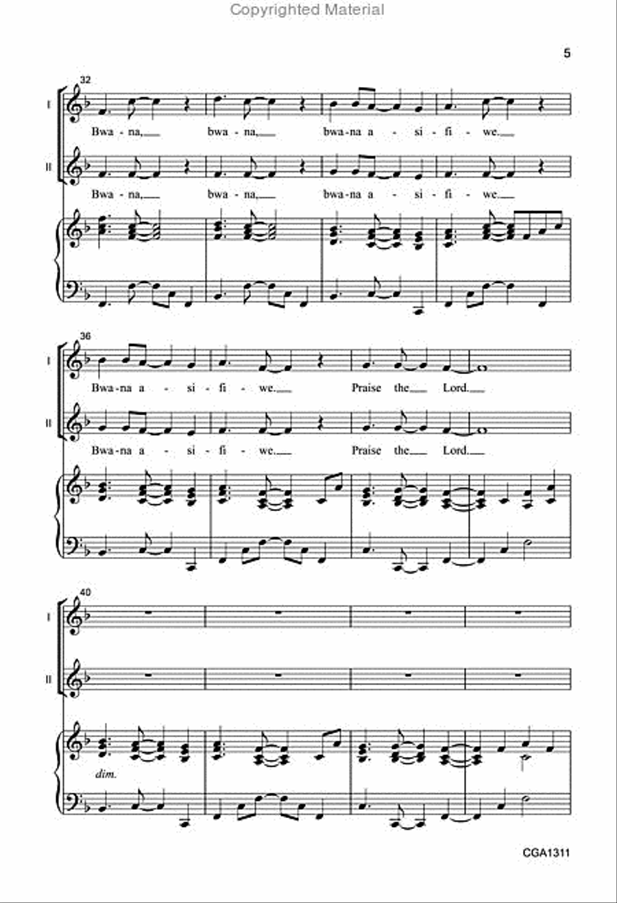 Bwana Asifiwe (Unison/Two-part) Unison Choir scores gallery preview page 5