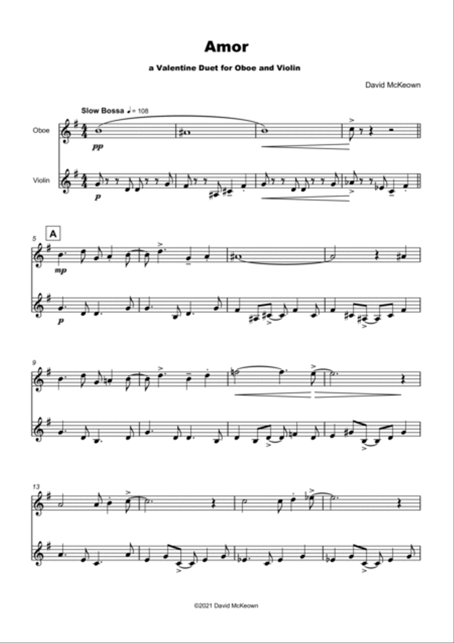 Amor, (Portuguese for Love), Oboe and Violin Duet Oboe scores gallery preview page 2