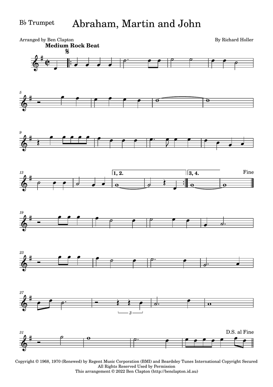 Abraham, Martin And John B-Flat Trumpet scores gallery preview page 1