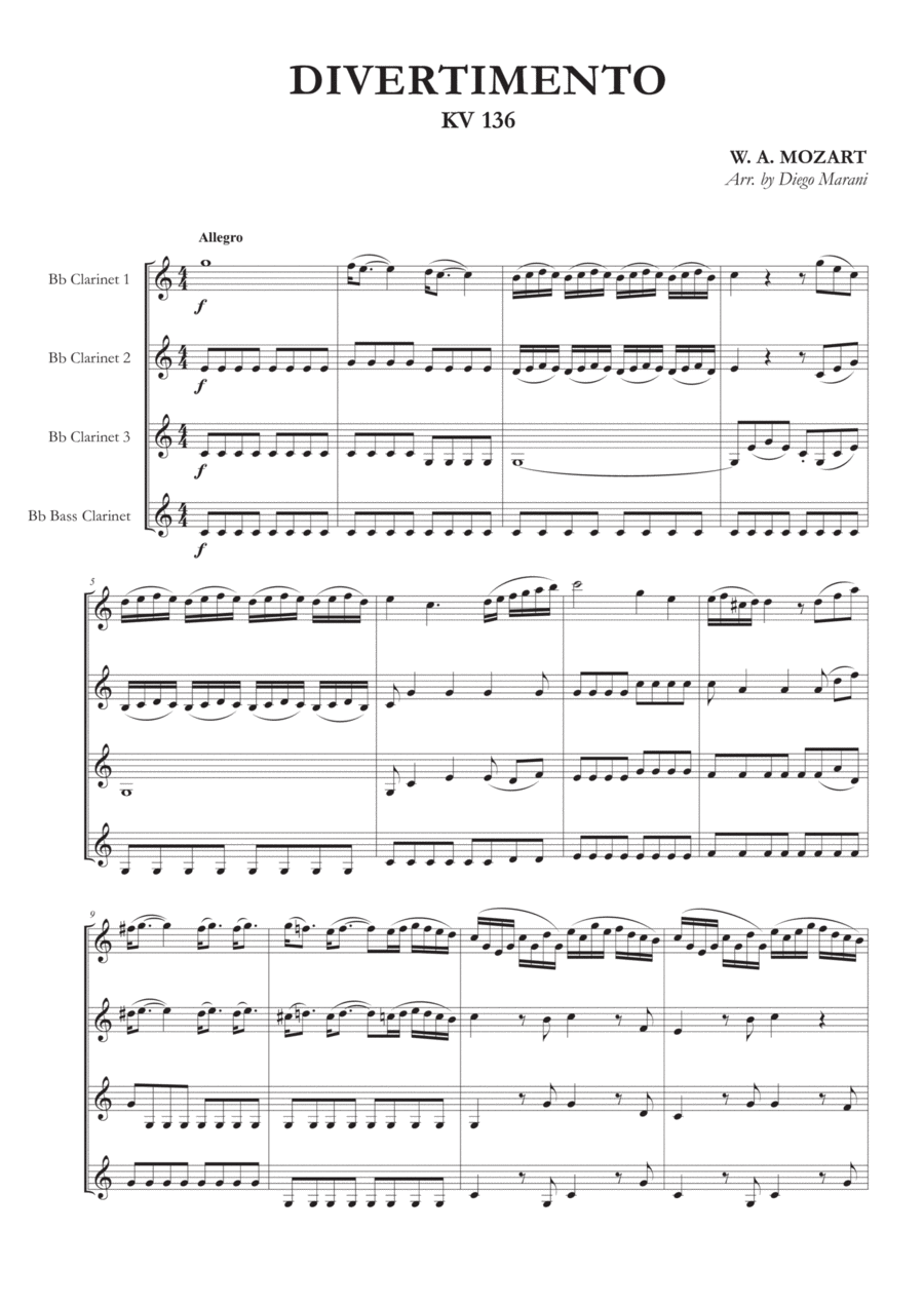 Divertimento N° 1 K. 136 for Clarinet Quartet Clarinet Quartet scores gallery preview page 1
