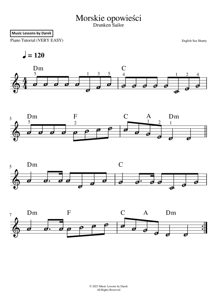 Morskie opowieści / Drunken Sailor (English Sea Shanty) [VERY EASY PIANO] Easy Piano scores gallery preview page 1
