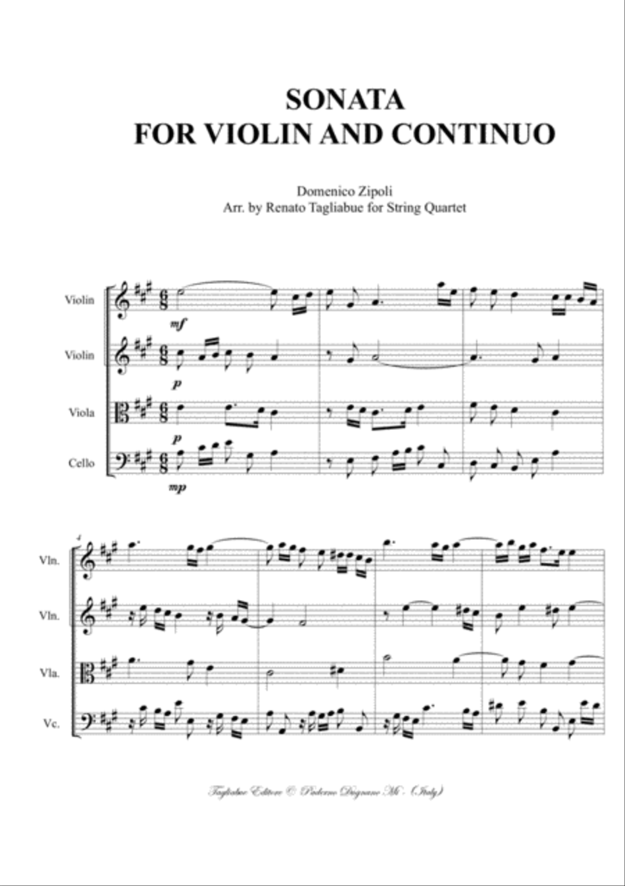 ZIPOLI - SONATA for Violin and Continuo and TOCCATA ALL'ELEVAZIONE II in C Maior - Arr. for String String Quartet scores gallery preview page 2
