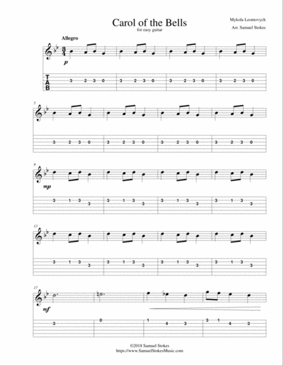 Carol of the Bells - for easy guitar with TAB Guitar Tablature scores gallery preview page 1