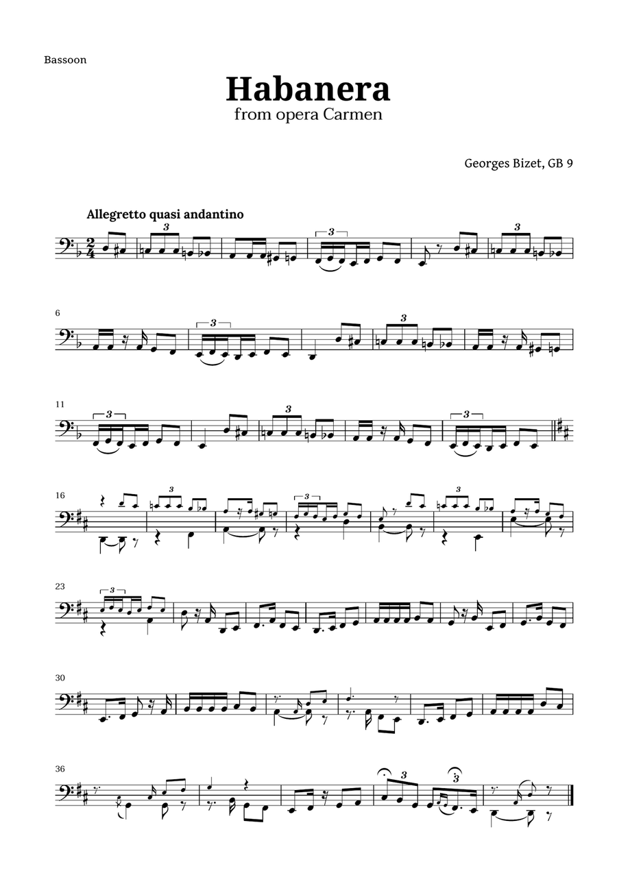 Habanera from Carmen by Bizet for Bassoon Solo Bassoon Solo scores gallery preview page 1