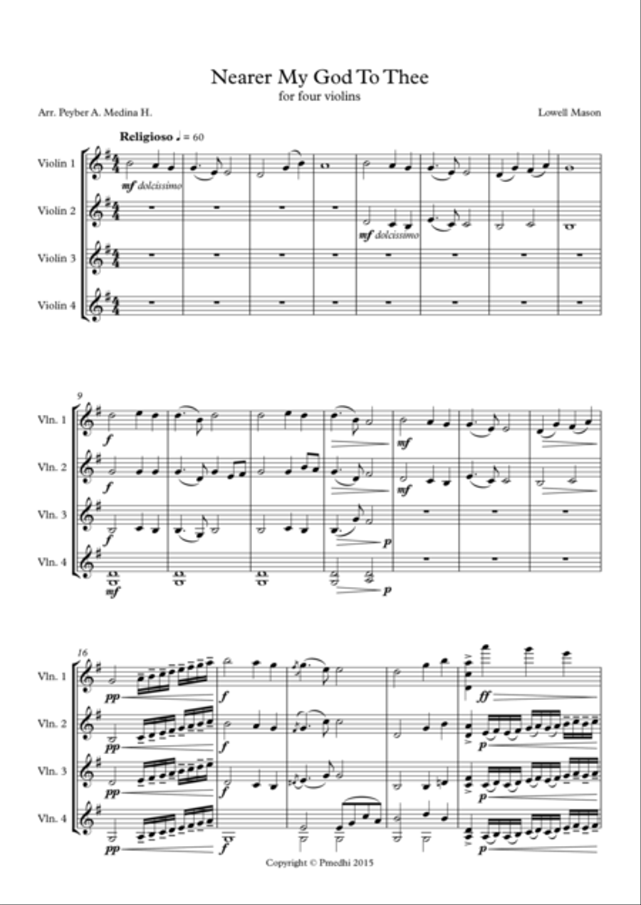 Nearer My God To Thee - For Four Violins Violin scores gallery preview page 1
