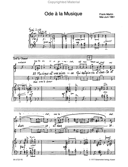 Ode a la Musique fur Bariton, vierstimmigen gemischten Chor, Trompete, zwei Horner, drei Posaunen, Klavier und Kontra