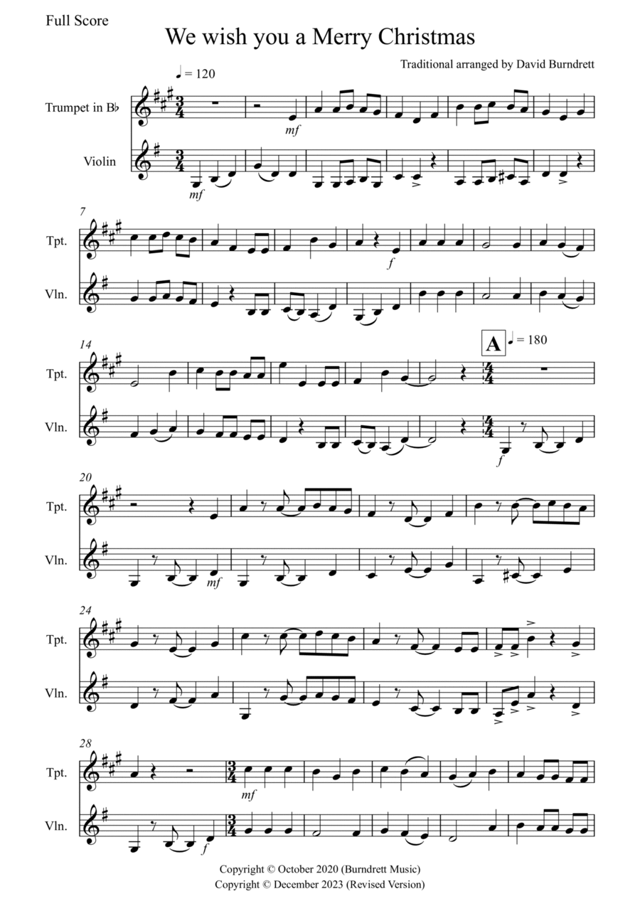 We Wish You a Merry Christmas for Trumpet and Violin Duet B-Flat Trumpet scores gallery preview page 1