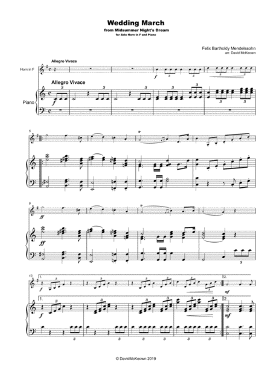 Wedding March by Mendelssohn, for Solo Horn in F (French Horn) and Piano Piano scores gallery preview page 2