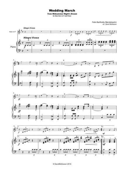 Wedding March by Mendelssohn, for Solo Horn in F (French Horn) and Piano image number null