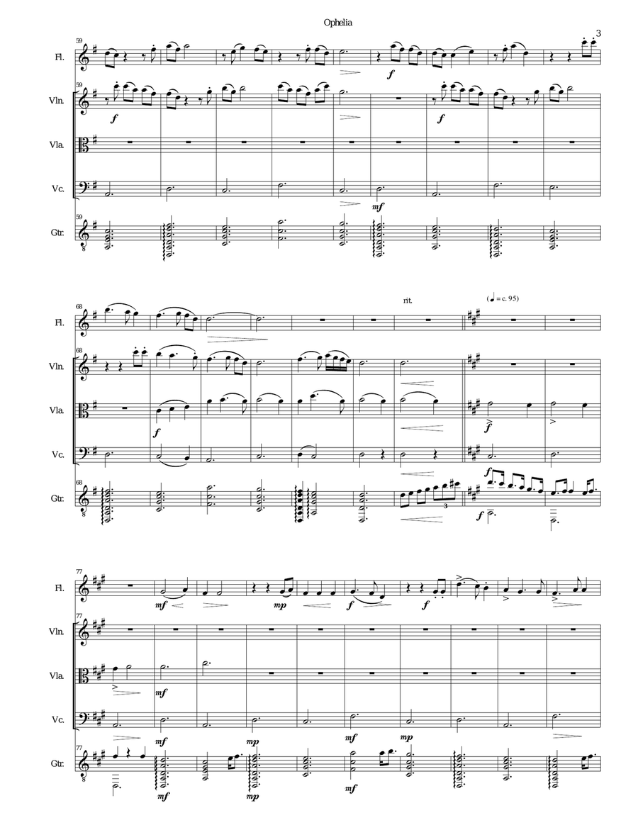 Ophelia for flute, string trio and guitar Small Ensemble scores gallery preview page 3