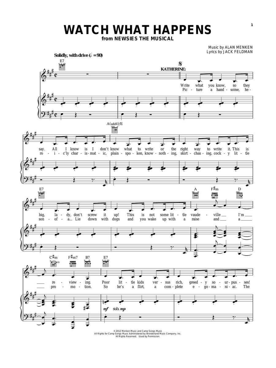 Watch What Happens (from Newsies: The Musical) Piano, Vocal, Guitar scores gallery preview page 1