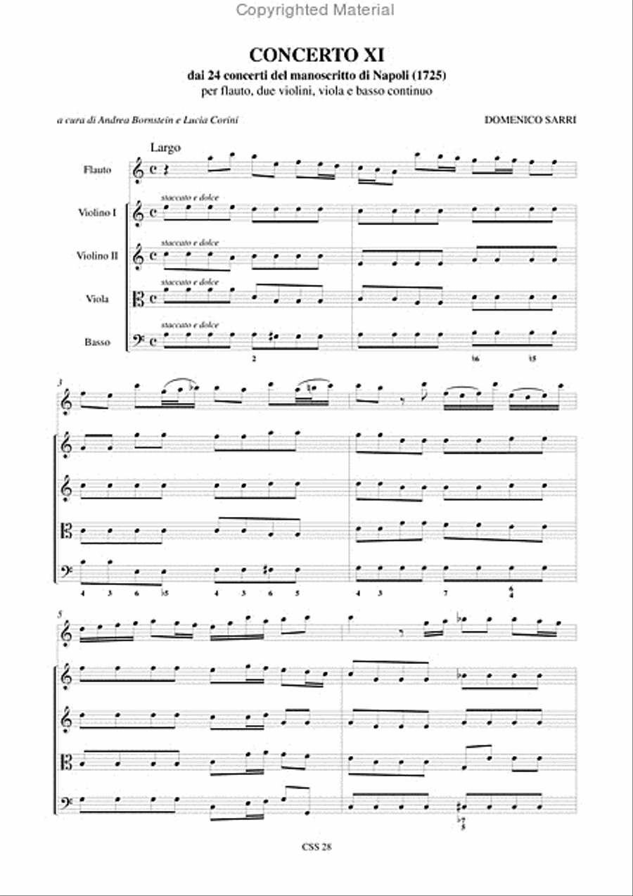Concerto No. 11 from the 24 Concertos in the Naples manuscript (1725) for Treble Recorder (Flute), 2 Violins, Viola and Continuo