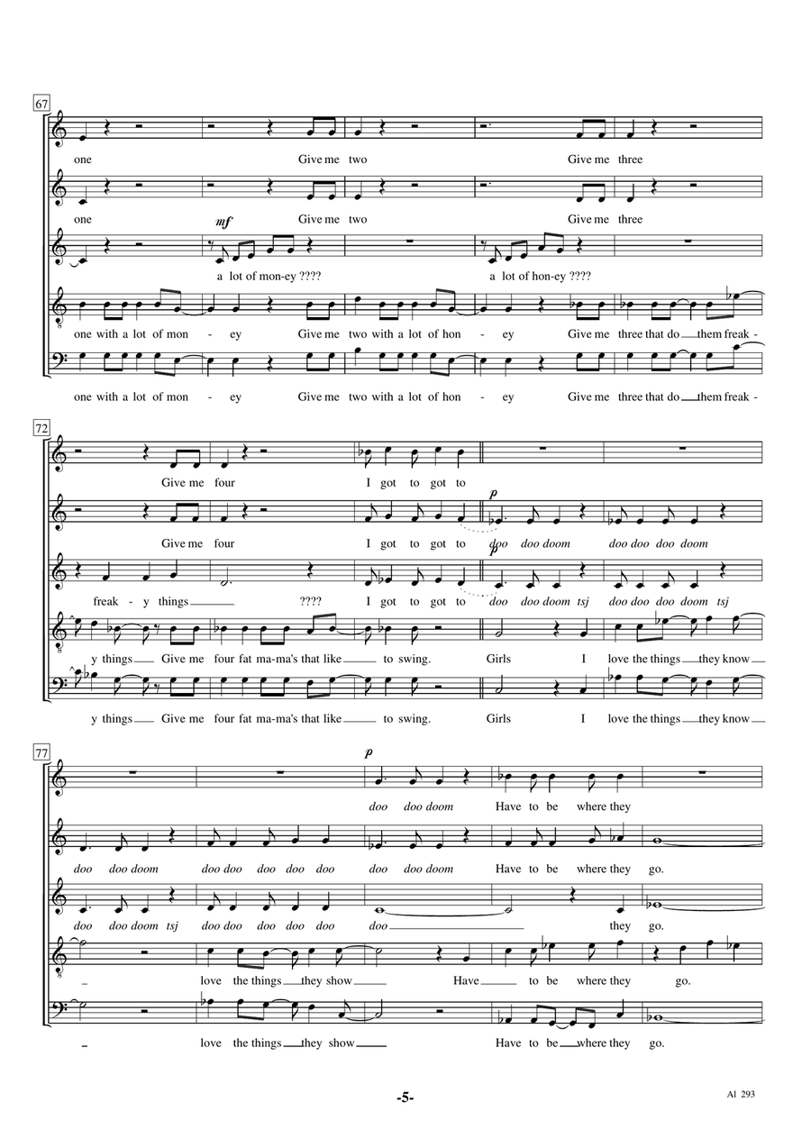 Girls SAATB chorus A Cappella Solo Bass Voice Divisi scores gallery preview page 5
