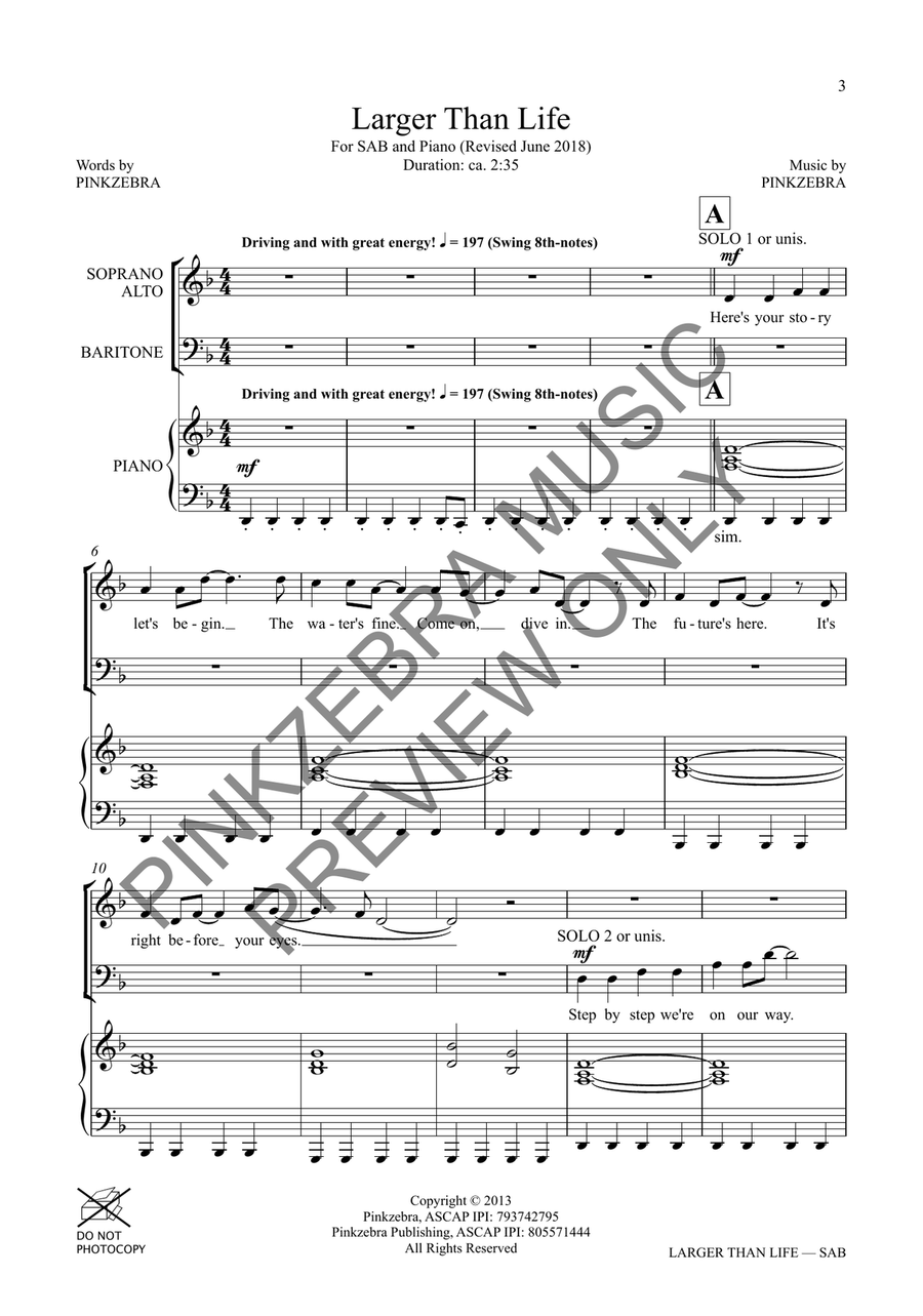 Larger Than Life (SAB) 3-Part scores gallery preview page 4