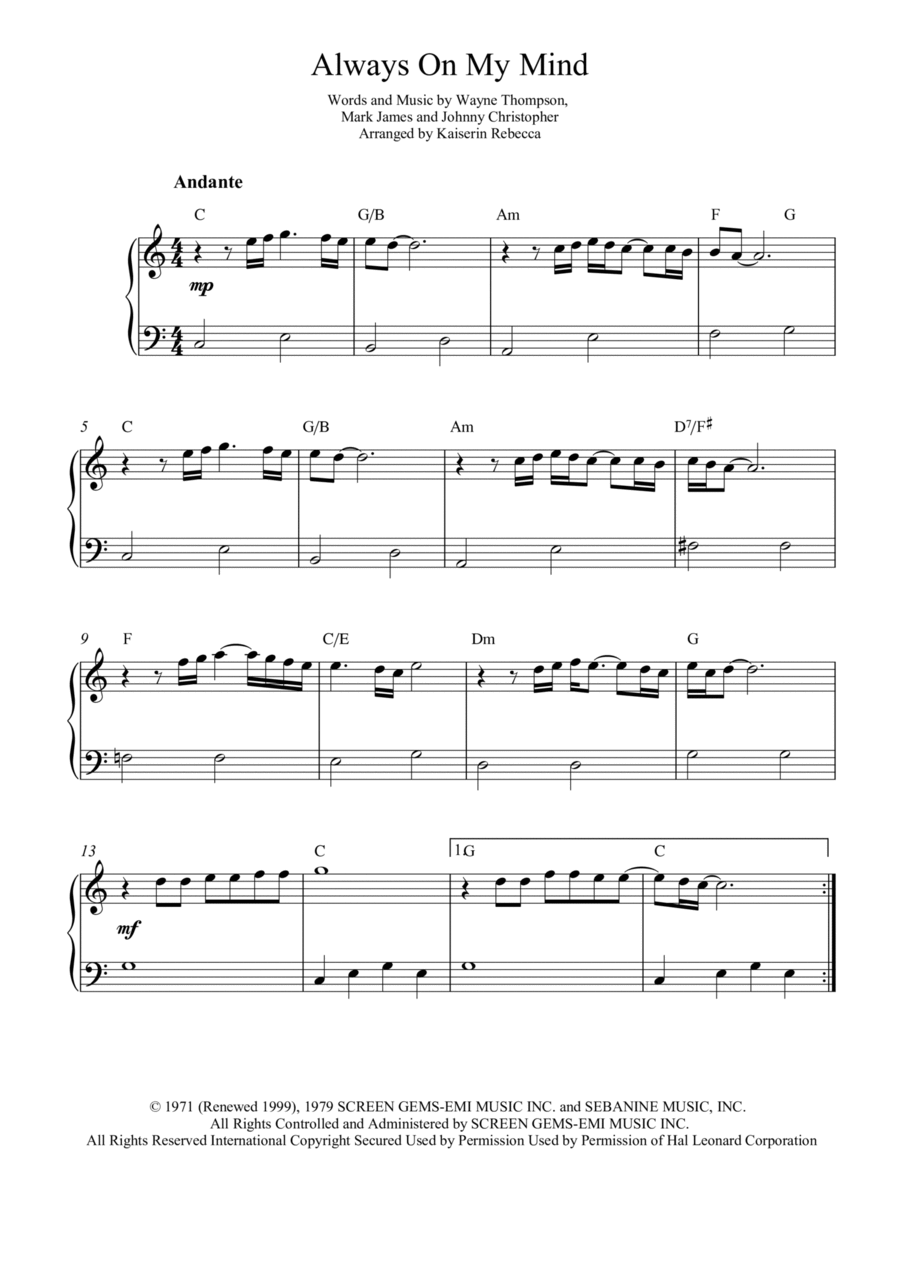 Always On My Mind Always On My Mind Easy Piano scores gallery preview page 1