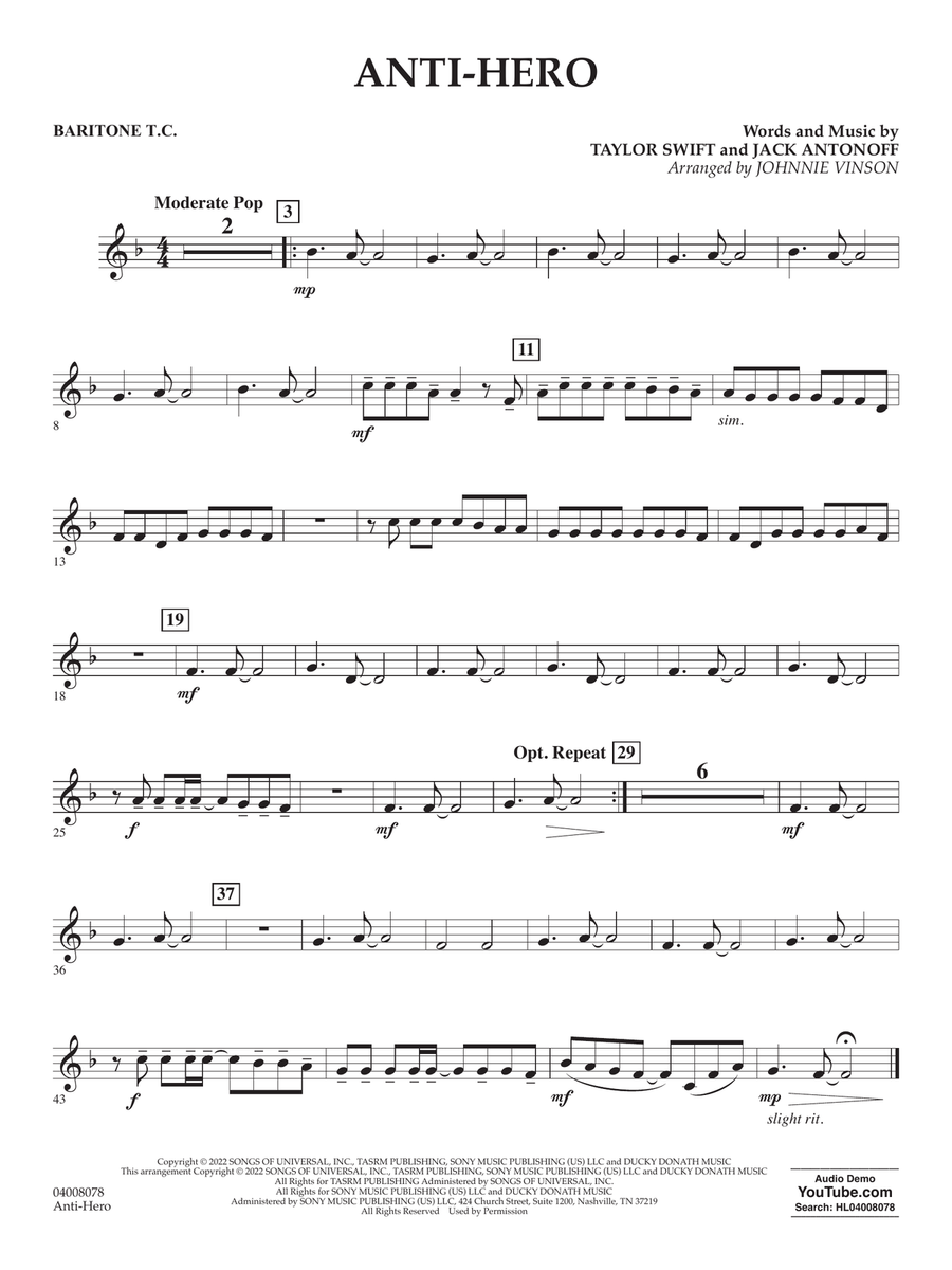 Anti-Hero (arr. Johnnie Vinson) - Baritone T.C. Concert Band scores gallery preview page 1