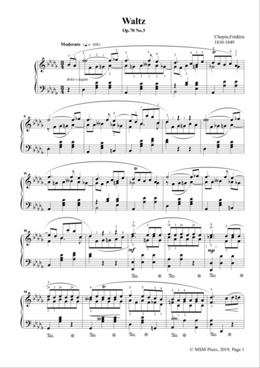 Chopin-Waltz Op.70 No.3 in D flat Major,for Piano Piano Solo scores gallery preview page 3