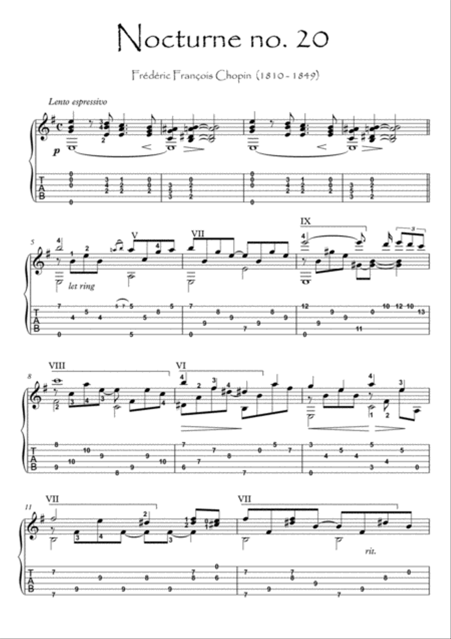 Nocturne 20 by Chopin for guitar solo Acoustic Guitar scores gallery preview page 1