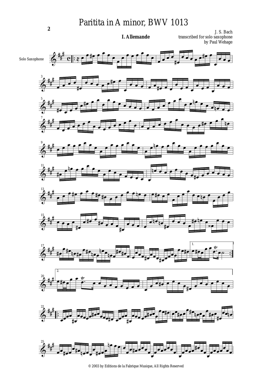J. S. Bach: Partita in A minor, BWV 1013, arranged for solo saxophone by Paul Wehage Woodwind Quartet scores gallery preview page 2