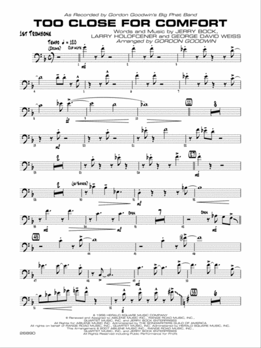 Too Close for Comfort: 1st Trombone Jazz Ensemble scores gallery preview page 1