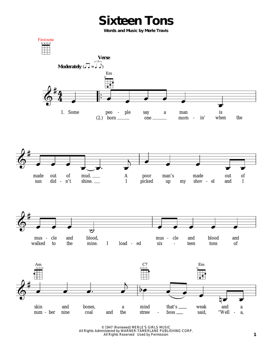 Sixteen Tons Ukulele scores gallery preview page 1