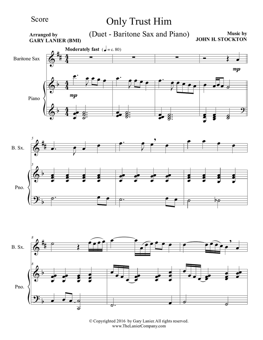 ONLY TRUST HIM (Duet – Baritone Sax & Piano with Parts) Woodwind Duet scores gallery preview page 2
